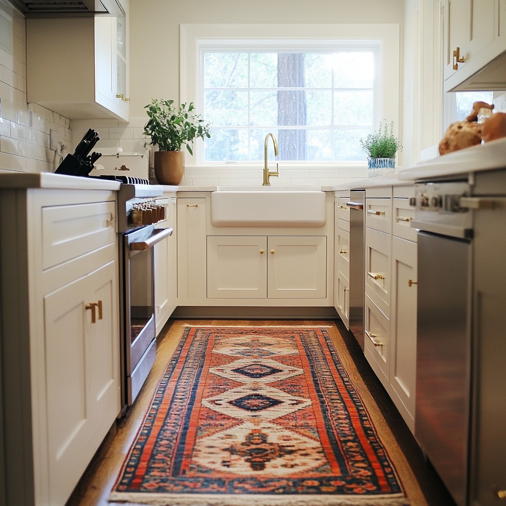 A bold, patterned kitchen rug placed in front of the sink area. The rug adds color and texture to an otherwise neutral-colored small kitchen.

