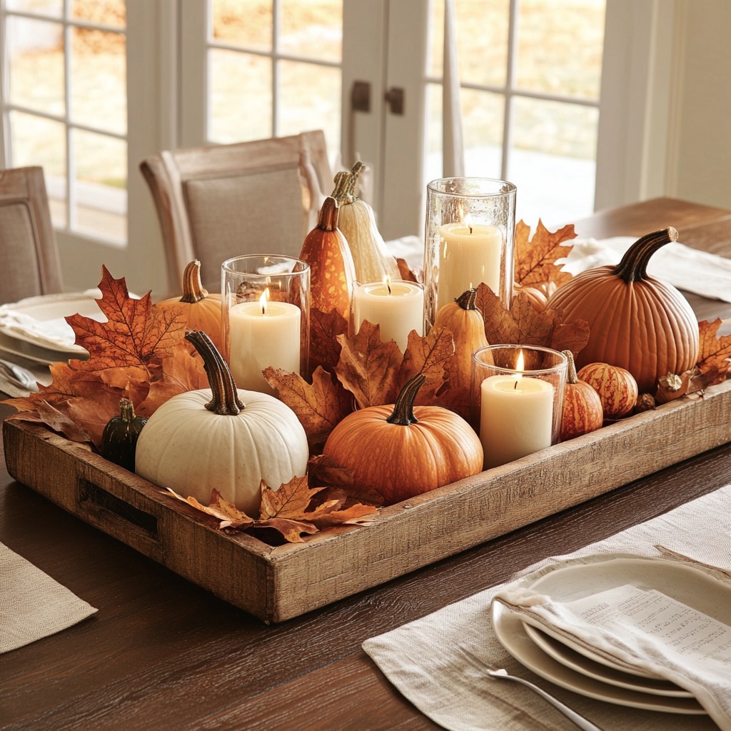 A dining table with a rustic fall centerpiece featuring pumpkins, gourds, candles, and fall leaves, arranged on a wooden tray or basket.

