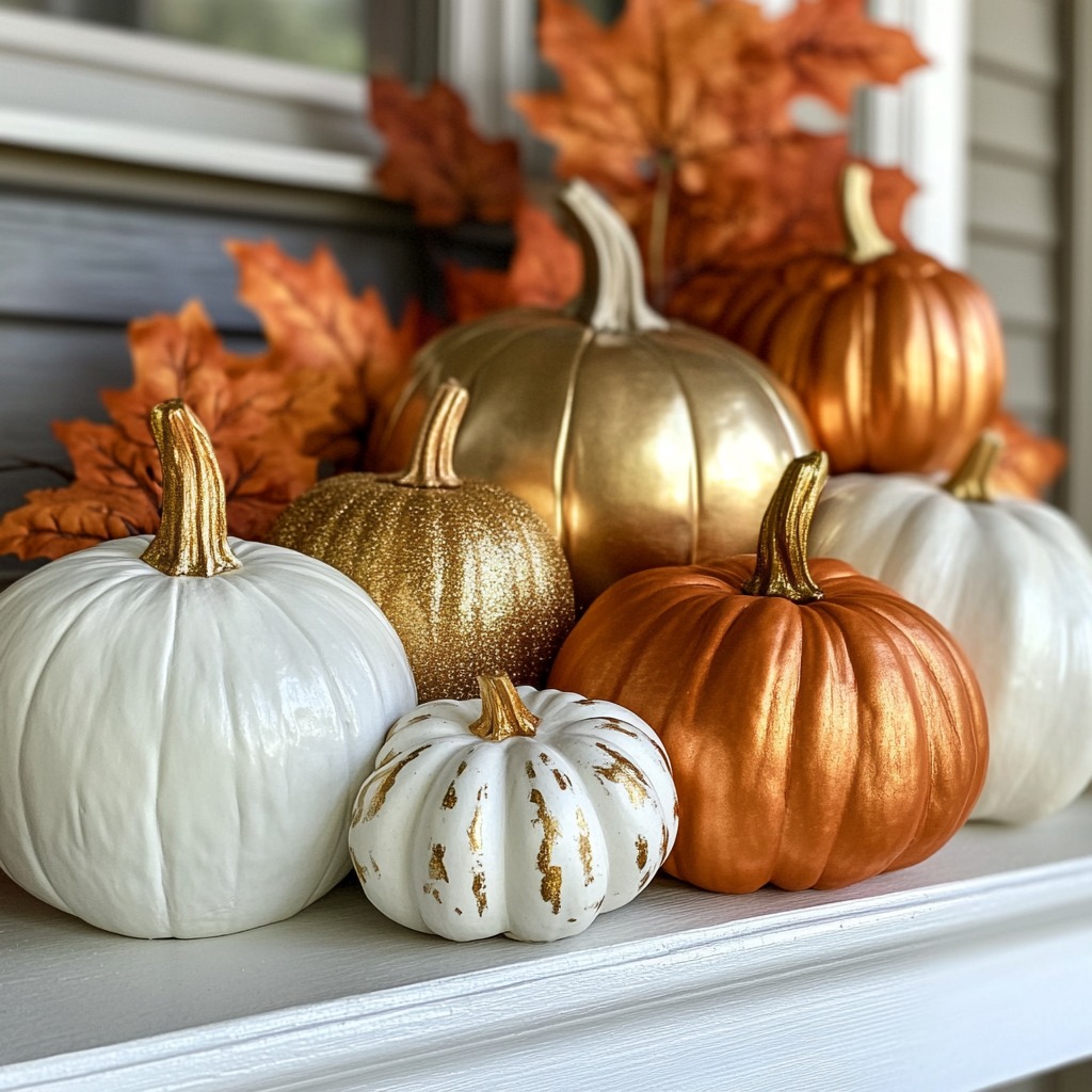 A stylish fall display of real and faux pumpkins in various sizes and colors (white, orange, and gold), arranged on a fireplace mantel or outdoor porch. for fall home decor ideas

