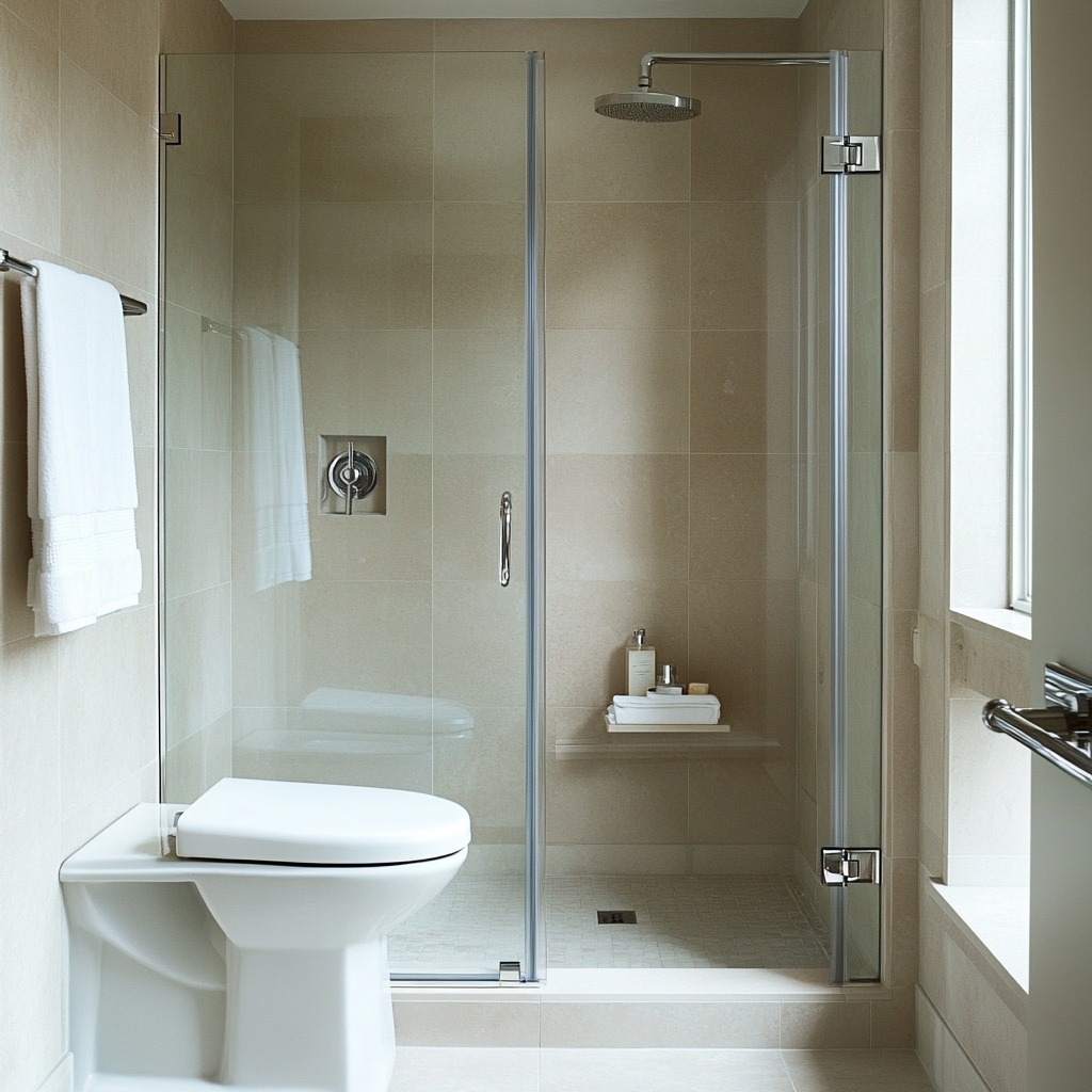 Frameless glass shower door, allowing the room to feel open and less cluttered. The space looks sleek and modern.

