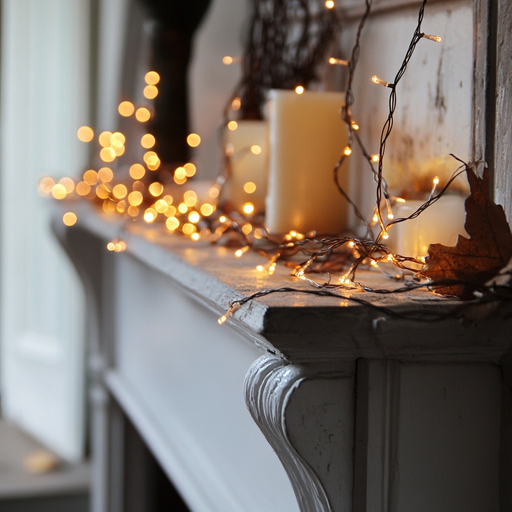 fall home decor ideas Twinkling string lights hanging along a mantel or staircase, creating a soft, magical glow perfect for cozy fall evenings.

