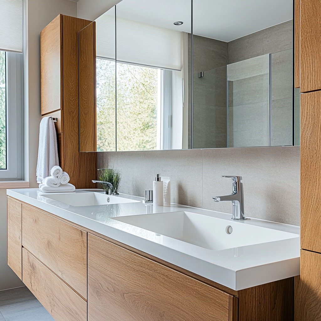 A  vanity with a large, frameless mirror reflecting natural light. The mirror visually expands the room, making it appear larger.

