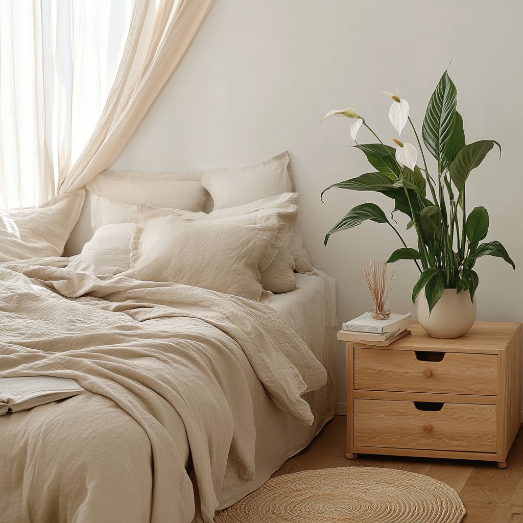 A cozy bedroom with natural wood furniture, a potted peace lily plant on the bedside table, and soft cotton bedding in neutral shades. The room has a serene, natural vibe.

