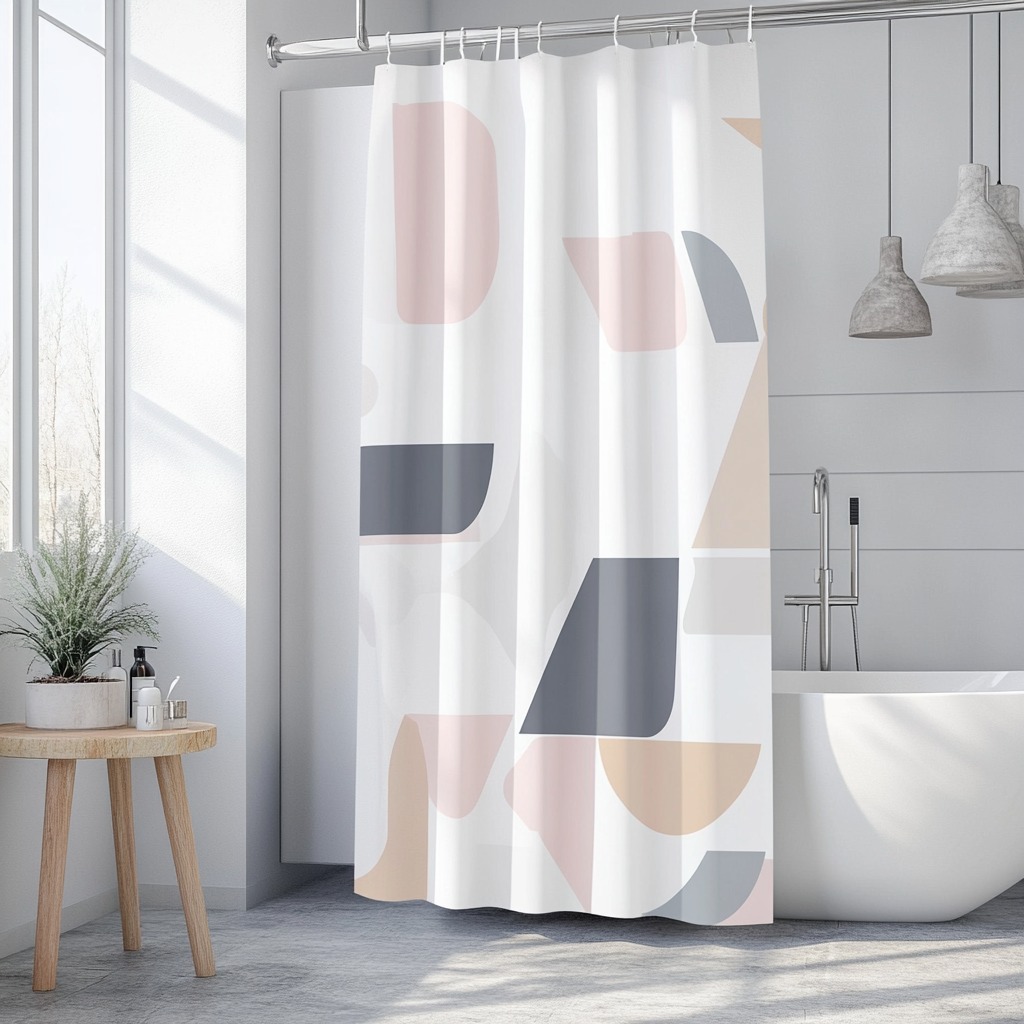 A stylish, patterned shower curtain featuring geometric shapes in soft pastel colors, bringing personality and design.