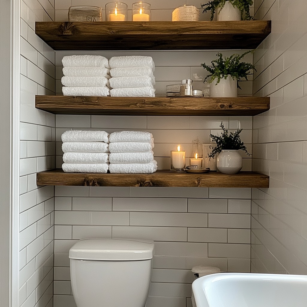 A small bathroom with floating wooden shelves mounted above the toilet, holding neatly folded towels and small decorative items like candles and plants.

