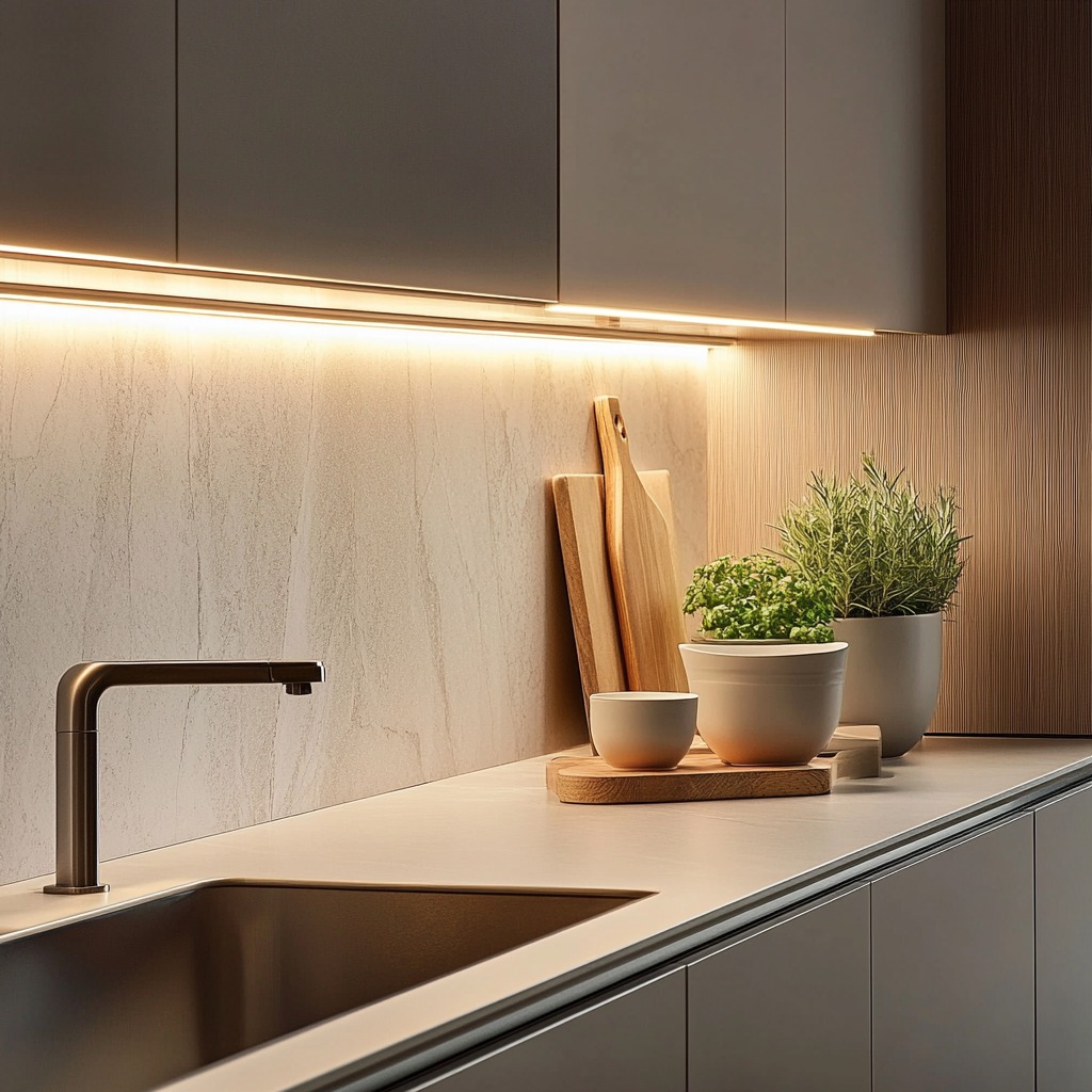 Under-cabinet LED strip lighting illuminating a small kitchen countertop, creating a warm and modern ambiance. The kitchen features minimal decor with clean lines.