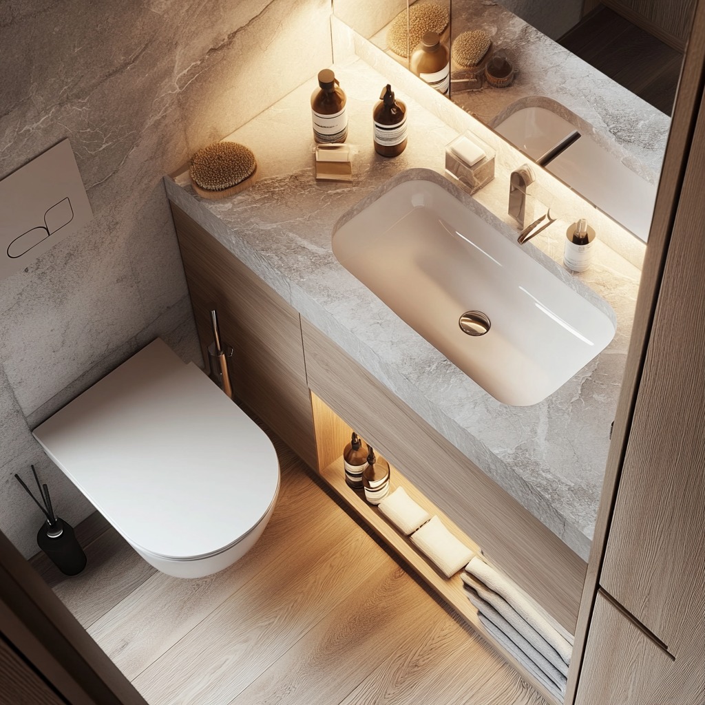 A floating sink , with the floor underneath completely open, making the room feel more spacious and modern.

