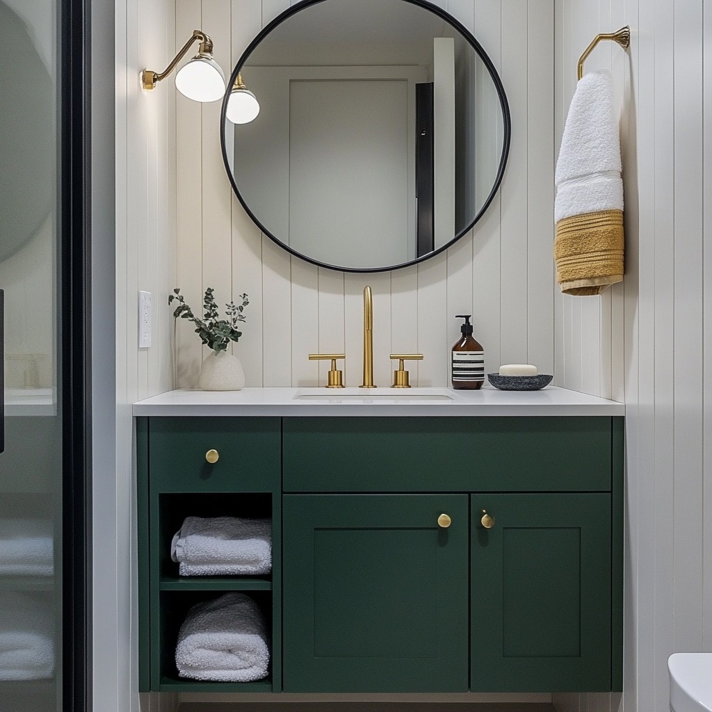 A compact vanity in a bold color, like navy or forest green, with a minimalist design and built-in shelving for extra storage.

