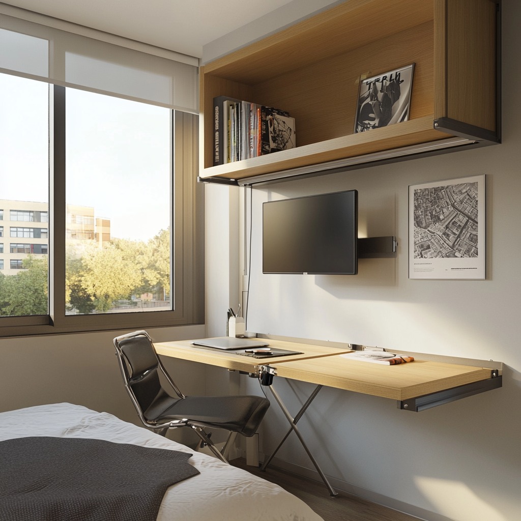 A foldable desk mounted on a wall that can be collapsed when not in use, with a folding chair stored away to maximize space in a compact bedroom.

