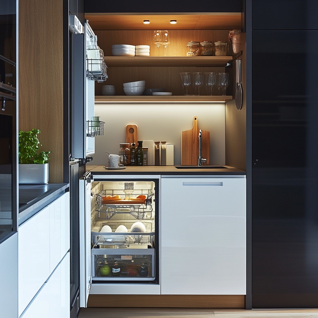 A small kitchen with space-saving appliances, such as a slim fridge and compact dishwasher. The appliances are seamlessly integrated into the design for functionality and style.

