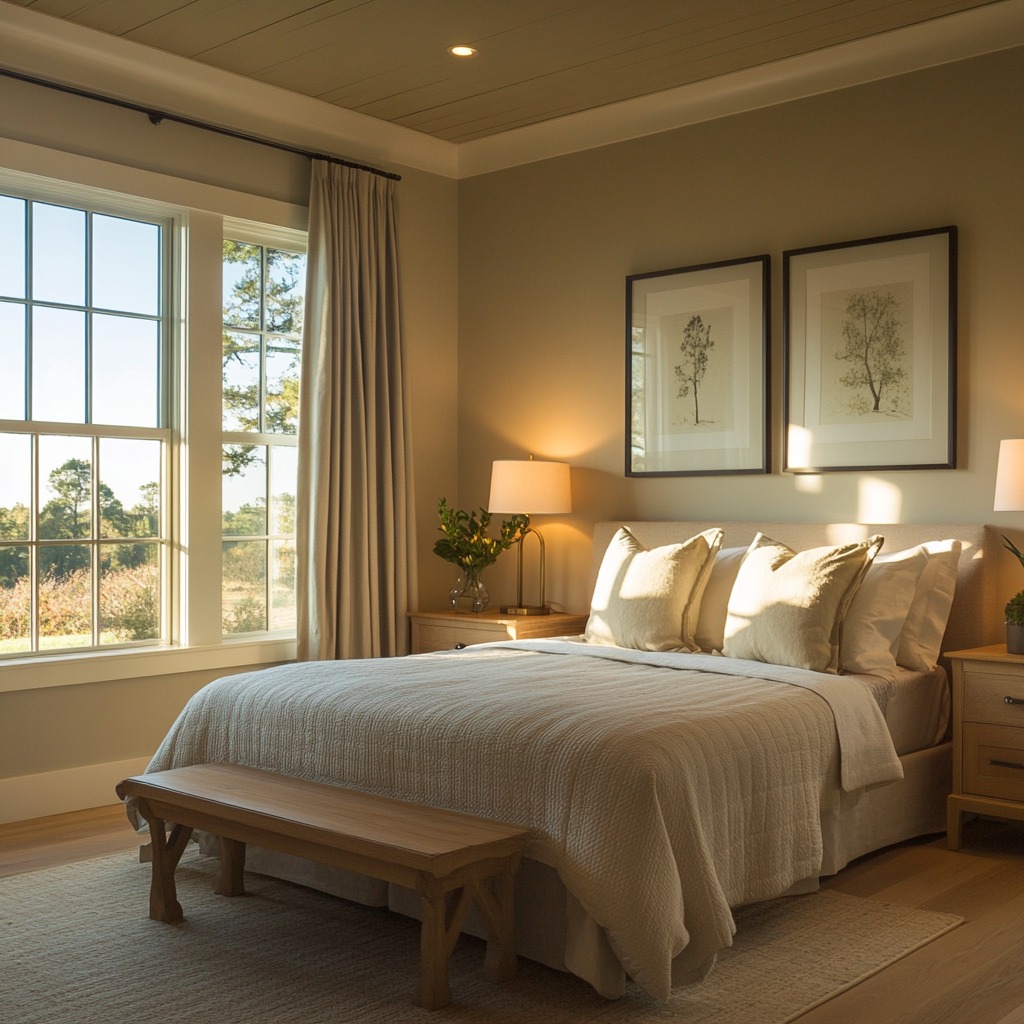 A serene bedroom with no visible electronics, soft dimmable lamps on the nightstands, and a peaceful atmosphere created by warm, natural lighting.

