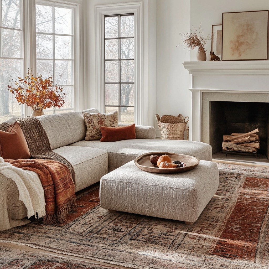 A living room with layered rugs—one neutral base rug with a smaller, patterned fall rug on top, adding warmth and texture to the room. for fall home decor ideas

