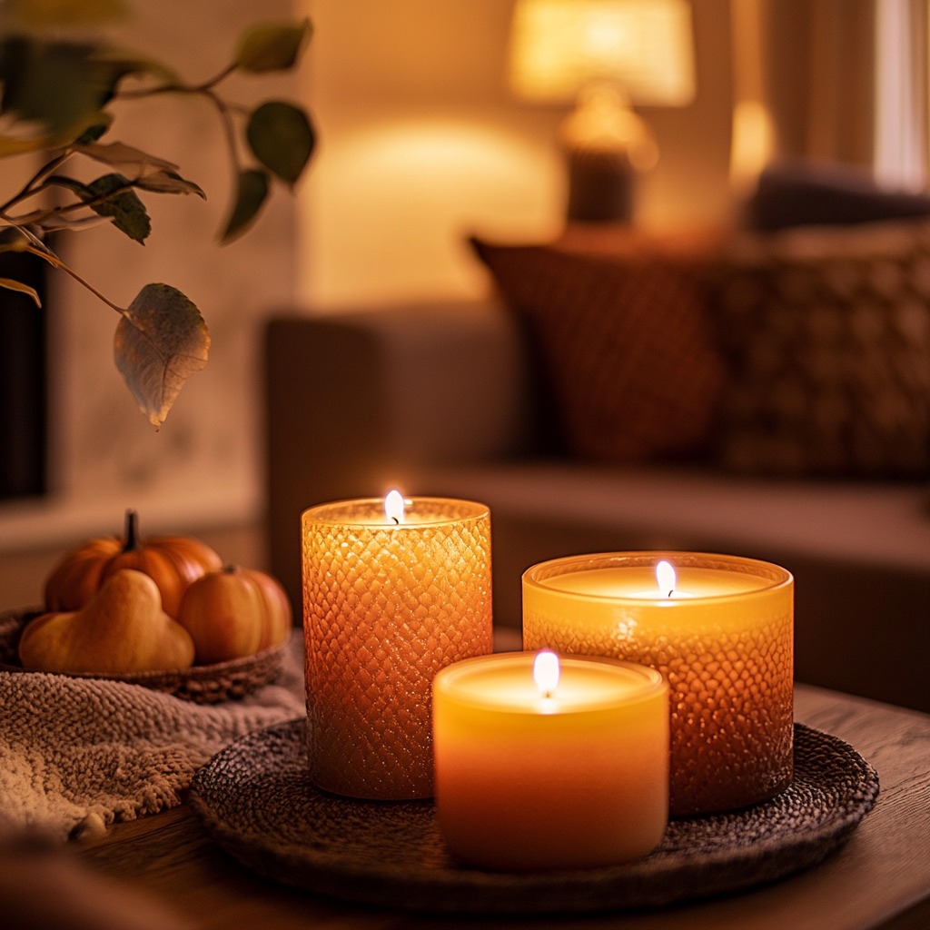 A set of fall-scented candles (pumpkin spice, apple cinnamon) on a coffee table or mantel, softly glowing and creating a warm, autumnal atmosphere.

