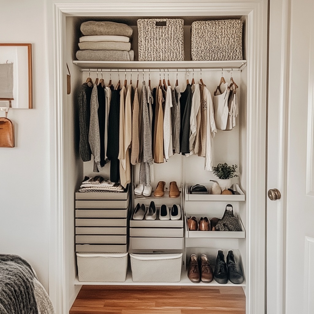 An organized closet with hanging shelves, shoe racks, and storage bins, showcasing a tidy and space-saving approach in a small bedroom.

