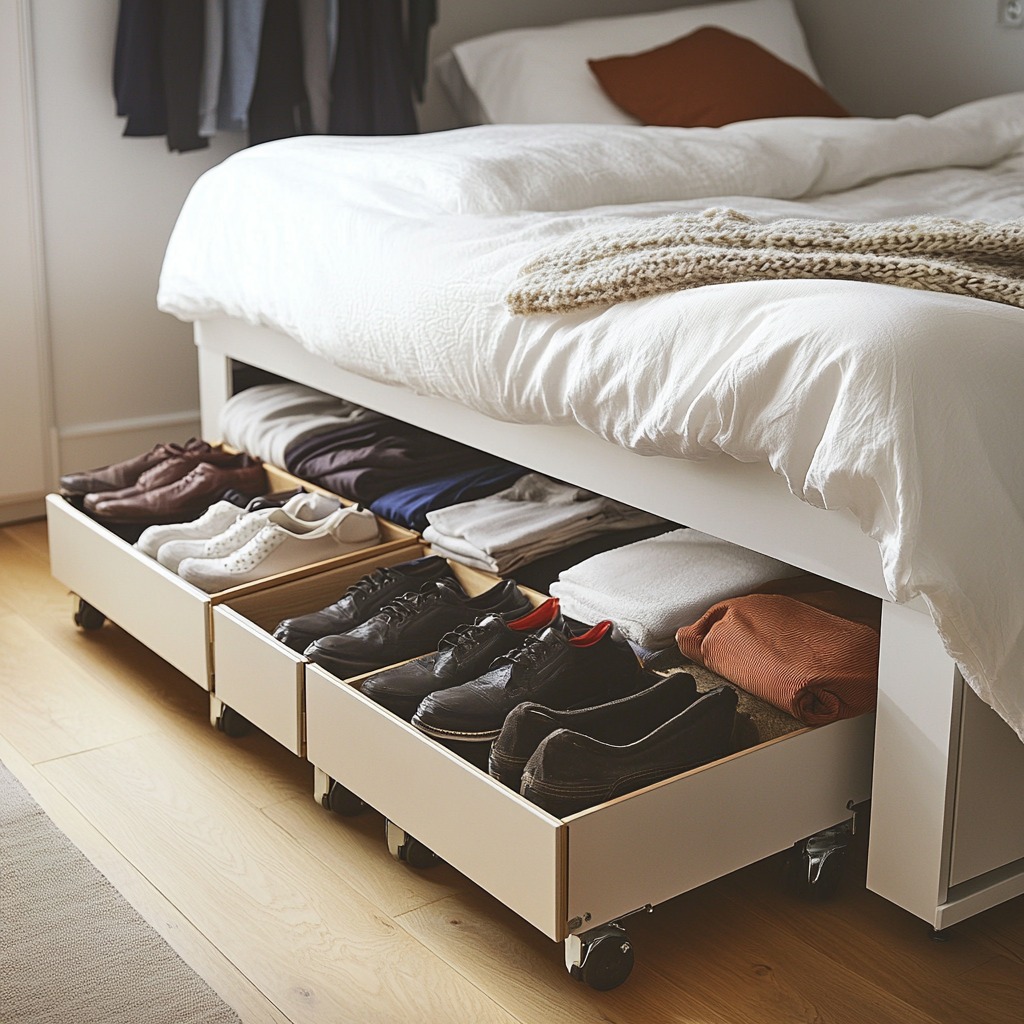 Under-bed storage with rolling bins or drawers filled with clothing and shoes, neatly organized under a raised bed in a small bedroom.

