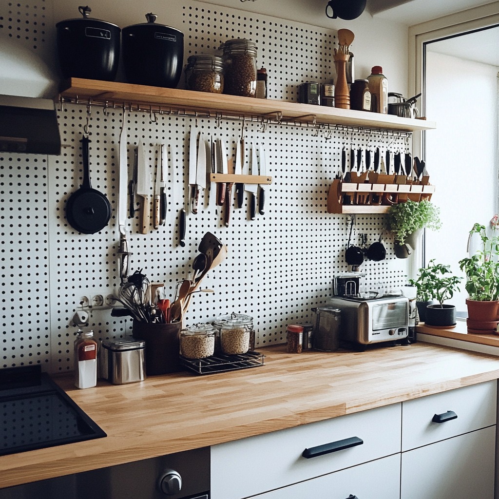 Vertical storage solutions, like hooks or a pegboard on the wall holding pots, pans, and utensils. A magnetic strip holds knives neatly organized above the countertop.