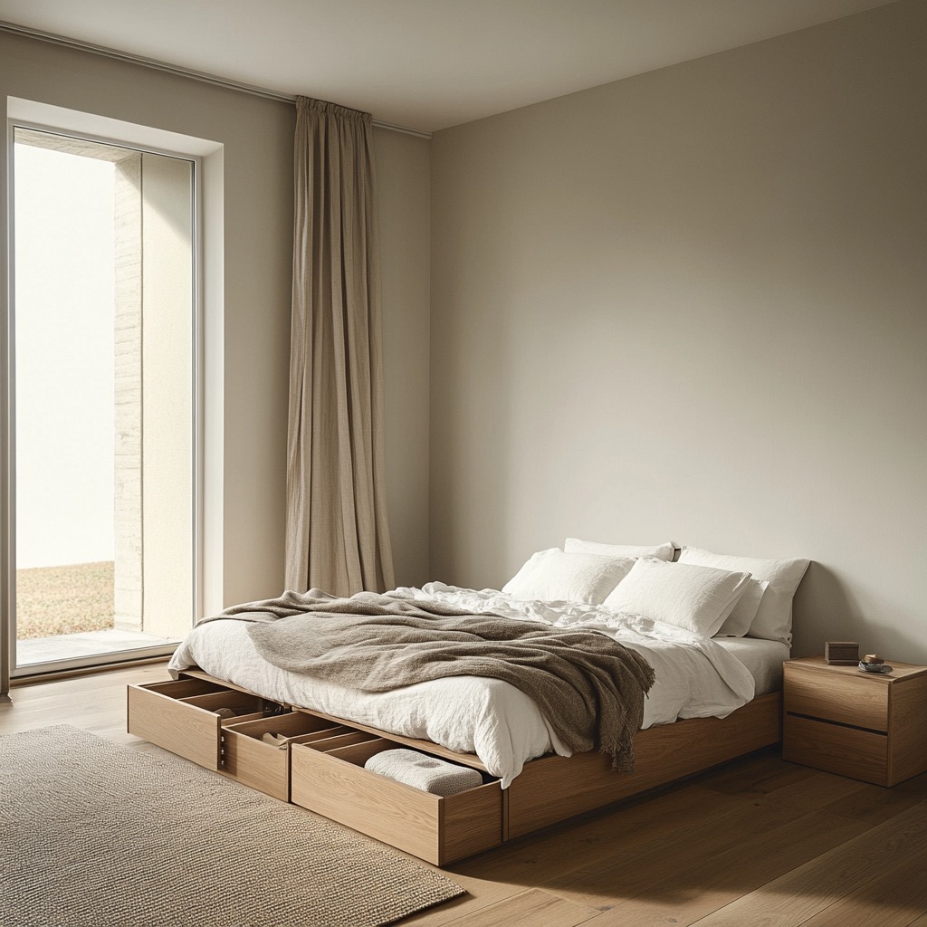 A minimalist bedroom with clean, clutter-free surfaces. The room features simple furniture, a wooden bed frame, and hidden storage solutions like drawers under the bed.
as Feng Shui decor
