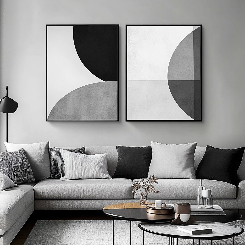 A modern piece featuring shades of grey, including a light grey sectional couch, dark grey cushions, and a minimalist coffee table. The room is styled with a simple black-and-white abstract painting on the wall.