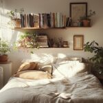 Floating shelves mounted above a bed, displaying neatly arranged books, plants, and small decor items, with the floor space clear of clutter.