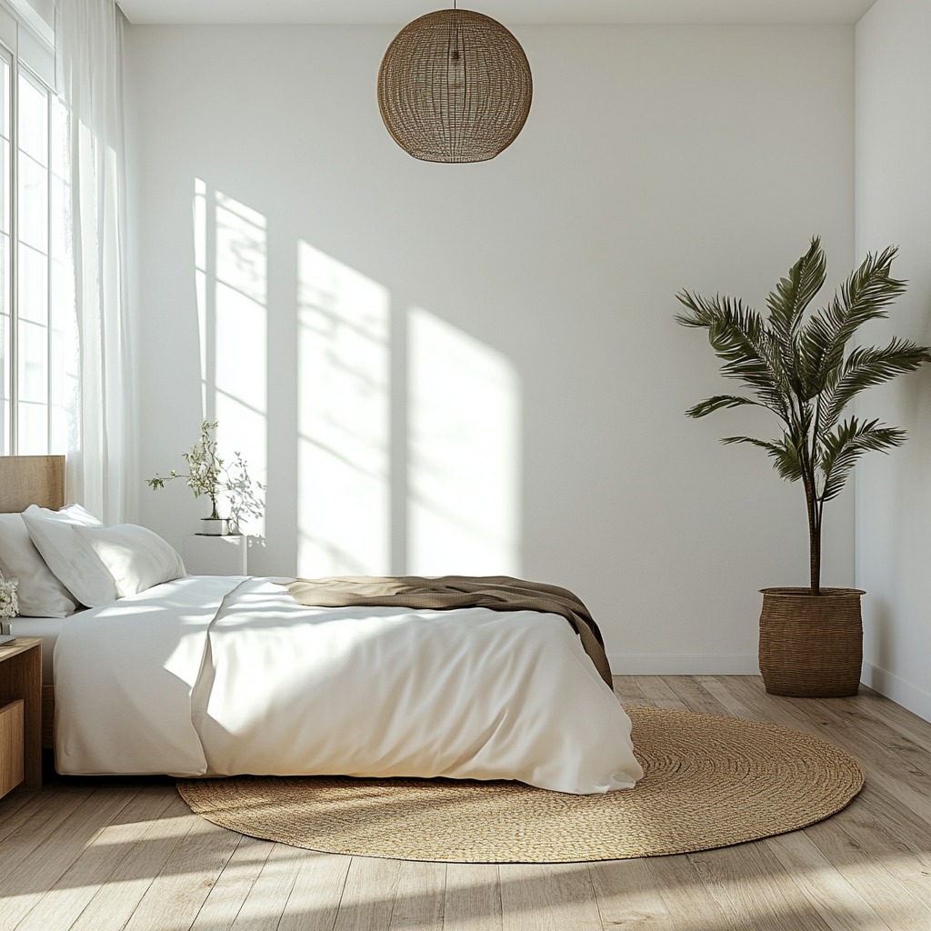 A minimalist bedroom with simple decor, a clean-lined bed, neutral colors, and no clutter, showcasing a calm and open environment.

