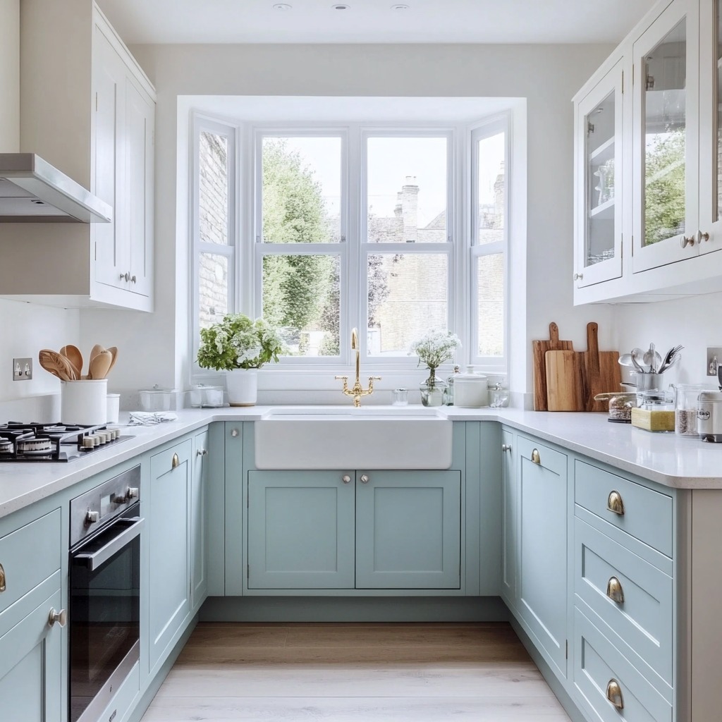 A small kitchen with freshly painted light-colored cabinets (white or pastel), paired with contrasting darker lower cabinets. The kitchen looks bright and airy, with minimal decor.