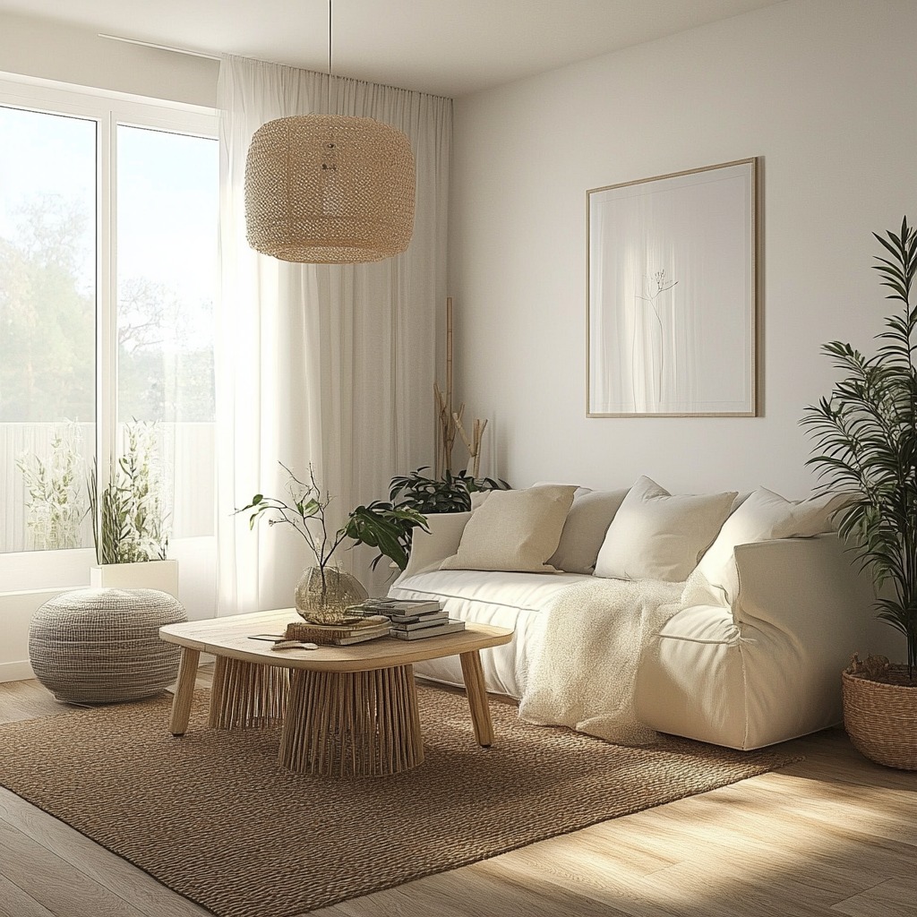 A bright, white-on-white living room with a white sofa, a white rug, and sheer curtains. The room has light wood accents, like a small coffee table, and is minimalist in design.