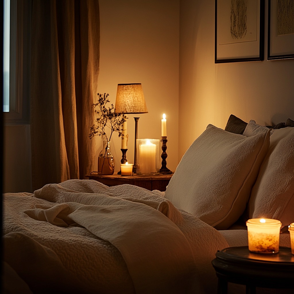 A bedroom softly lit by warm, ambient lighting, featuring a mix of dimmable bedside lamps and candles on a nearby table, creating a cozy, intimate atmosphere of Feng Shui 