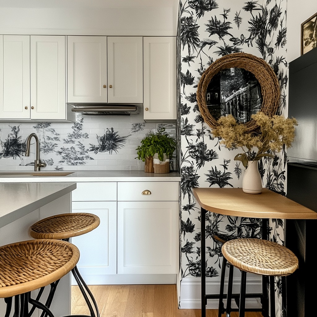 A small kitchen with a feature wall of peel-and-stick wallpaper, showcasing a fun and bold pattern. The wallpaper adds personality while the rest of the kitchen remains neutral.

