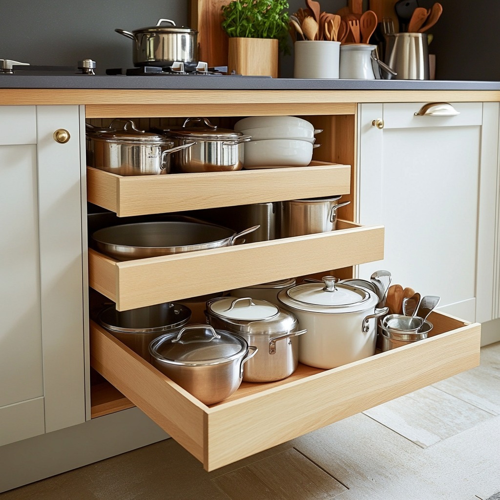 A small kitchen with pull-out shelves inside a cabinet, showcasing neatly organized pots, pans, and kitchenware. The shelves slide out easily for accessibility.

