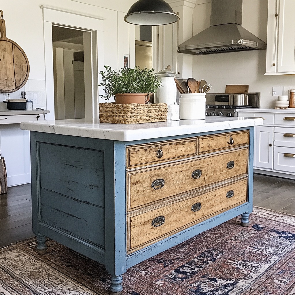 A repurposed dresser turned into a kitchen island, providing extra counter space and storage. The dresser is painted and styled to fit the kitchen aesthetic.

