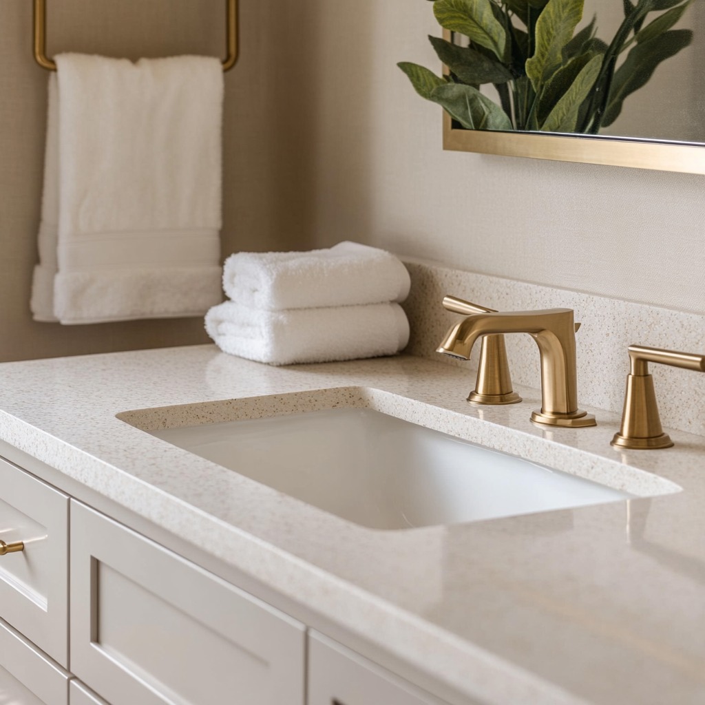 Close-up of a bathroom sink area with modern brushed brass faucet handles, towel bars, and cabinet knobs, showcasing a sleek hardware update.

