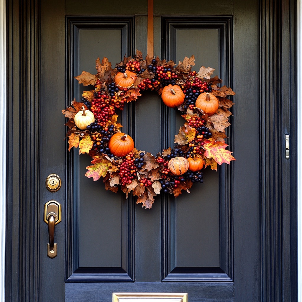 A front door with a beautiful fall wreath made of dried leaves, small pumpkins, and berries, setting a welcoming tone for the home.

