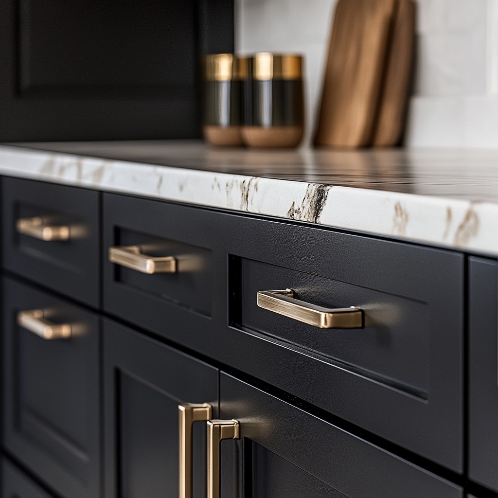 Close-up of cabinet doors with modern matte black or brushed brass handles, showing the impact of upgraded hardware on the overall kitchen design.