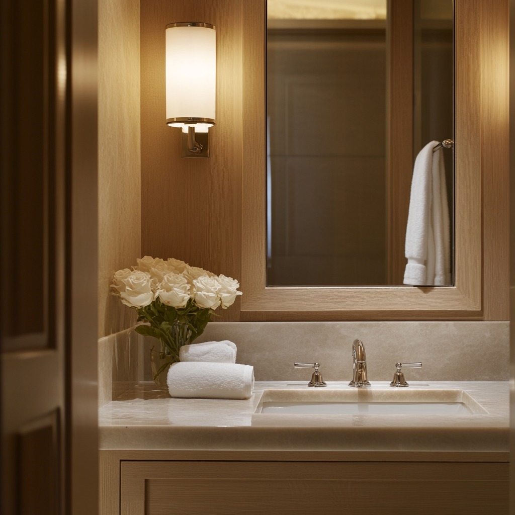 A tiny bathroom featuring soft, wall-mounted sconces above the vanity, casting a warm and inviting glow over the sink area.