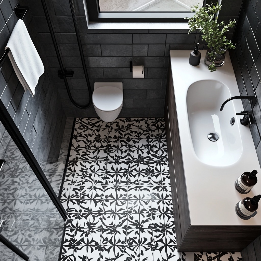 A floor in a tiny bathroom featuring bold, geometric patterned tiles in black and white. The floor stands out and adds visual interest to the space.

