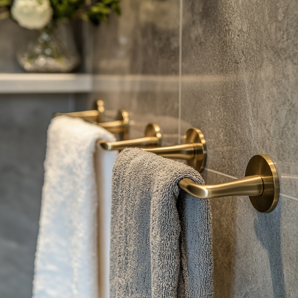 Close-up of decorative brass hooks and towel bars installed on the wall, offering a stylish and modern solution for hanging towels.

