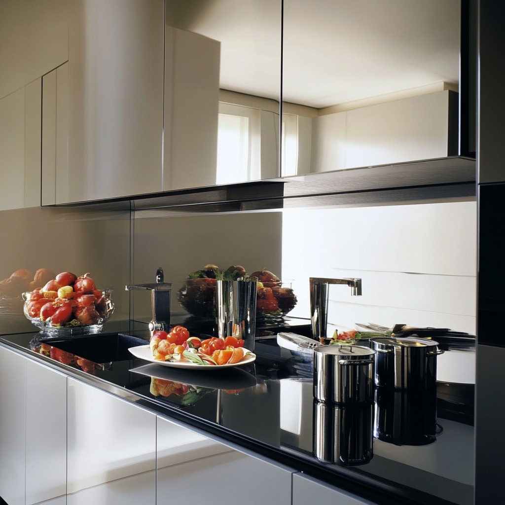 A small kitchen with a mirror backsplash and high-gloss cabinets, reflecting light and making the space appear larger. The kitchen has minimal clutter for an open feel.

