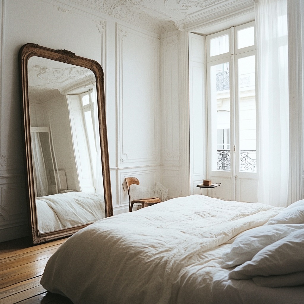 A large mirror placed on a bedroom wall, reflecting light and creating the illusion of a larger, more open space in a small room.

