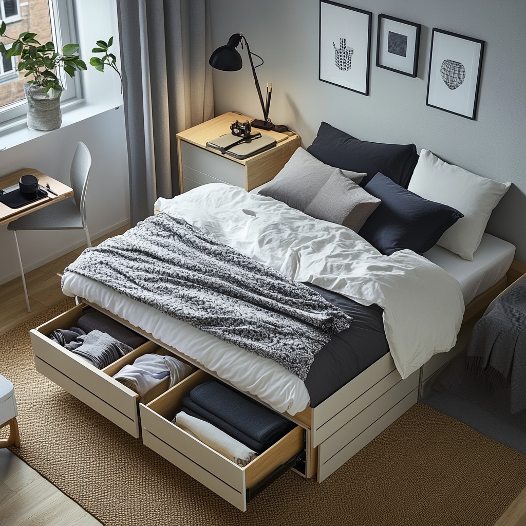 A small bedroom featuring a bed with built-in storage drawers underneath, a storage ottoman at the foot of the bed, and a foldable desk.

