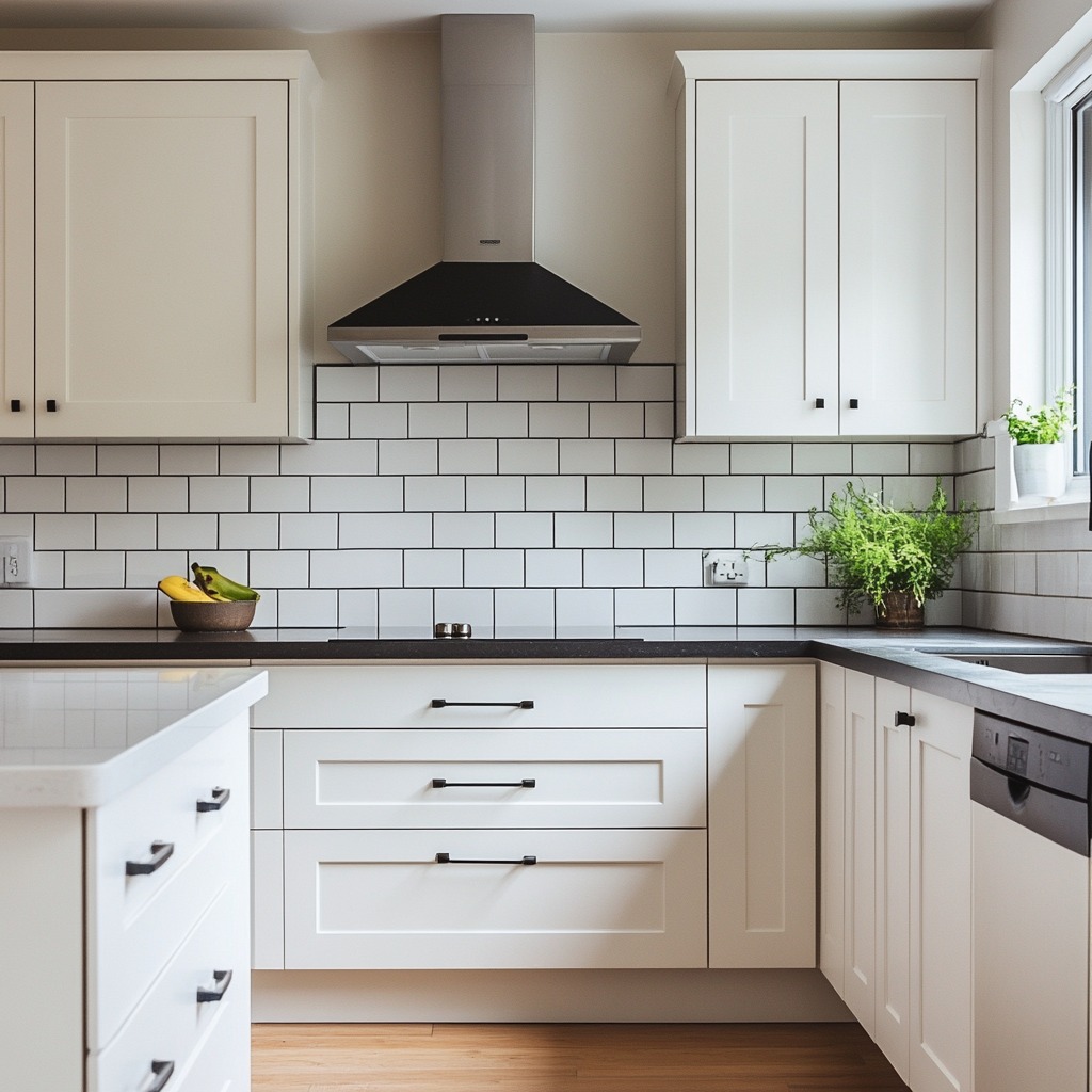 A small kitchen featuring a peel-and-stick subway tile backsplash in a classic white color. The backsplash contrasts with darker countertops, giving the kitchen a modern feel.

