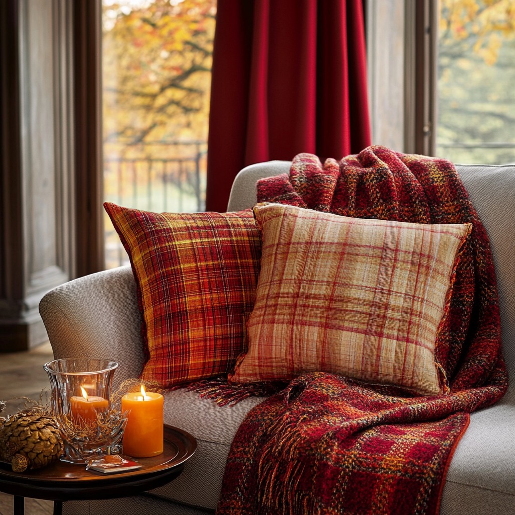 A plaid throw blanket draped over a sofa or armchair, accompanied by tartan-patterned cushions in warm, autumnal hues of red, orange, and yellow.

