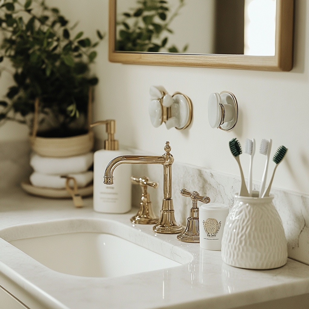 Wall-mounted soap dispensers and toothbrush holders in a small , freeing up counter space and keeping the room organized.

