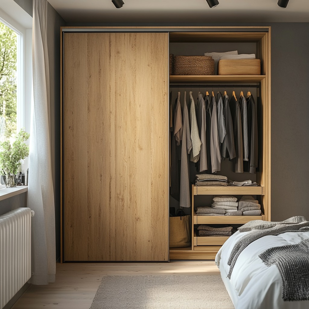 A wardrobe with sliding doors and built-in shelves inside, efficiently utilizing every inch of space in a small bedroom.

