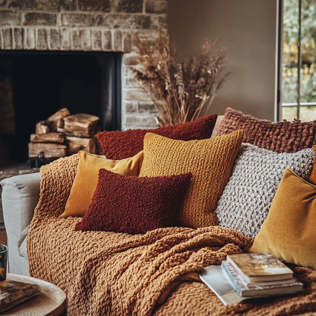 A cozy living room featuring chunky knit blankets, wool cushions, and layered throws in warm fall colors like burnt orange, mustard yellow, and deep brown.

