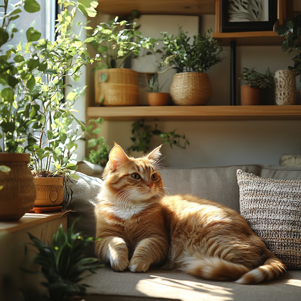 Pet-friendly living room with safe indoor plants and a relaxed cat.