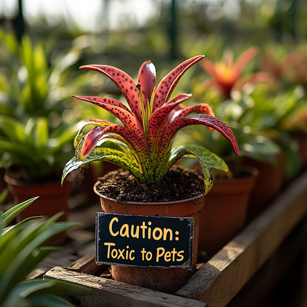 Common toxic household plants for pets, including lilies and philodendrons, with caution labels.