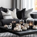 A modern, monochrome living room decorated for Halloween. The space features a sleek black sofa with white and gray throw pillows, a matte black coffee table with minimalist white and black pumpkins, and subtle metallic accents like silver skulls. Black candles and a glass cloche with eerie decor are arranged on the side table, while a geometric-patterned rug ties the room together.