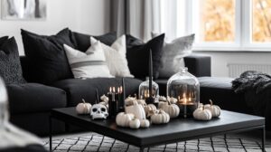 A modern, monochrome living room decorated for Halloween. The space features a sleek black sofa with white and gray throw pillows, a matte black coffee table with minimalist white and black pumpkins, and subtle metallic accents like silver skulls. Black candles and a glass cloche with eerie decor are arranged on the side table, while a geometric-patterned rug ties the room together.