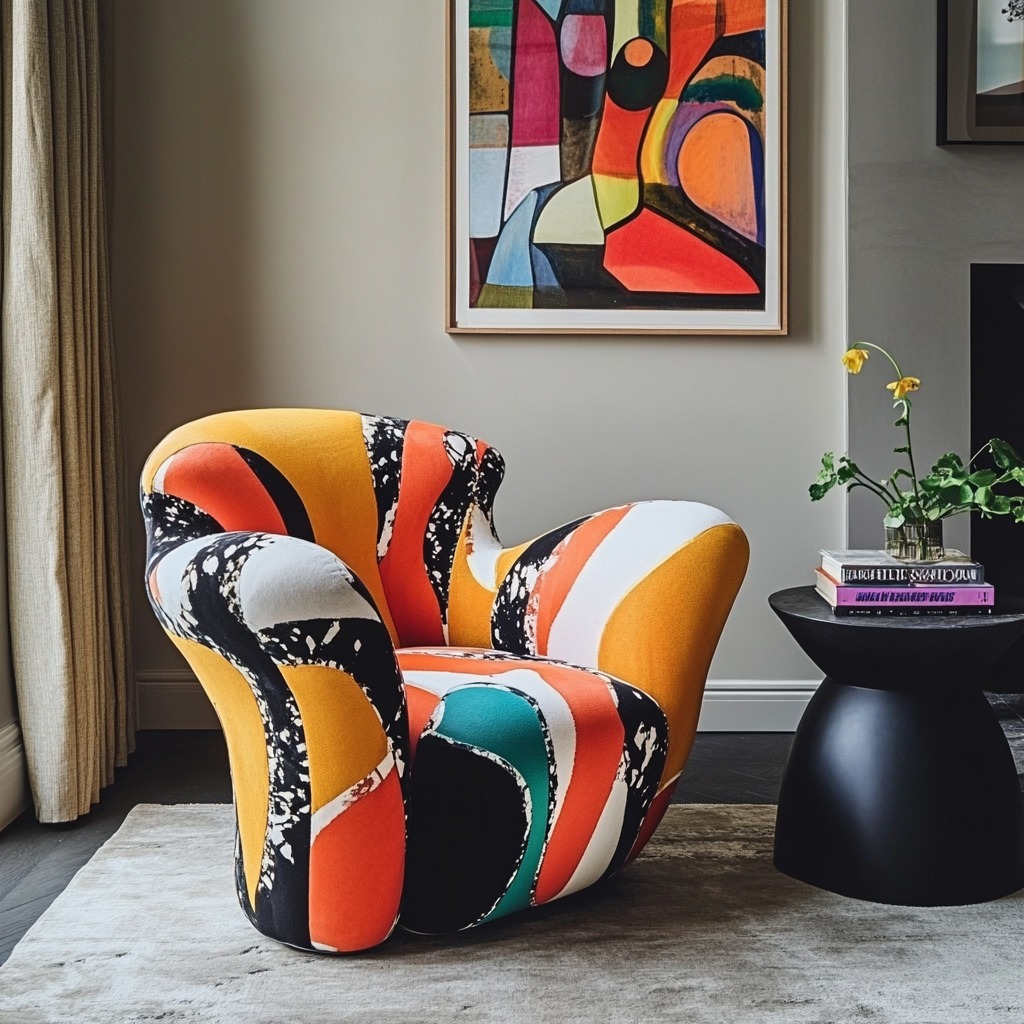 A bold statement chair in a corner of the living room, featuring a unique design or vibrant upholstery, adding personality to the space.

