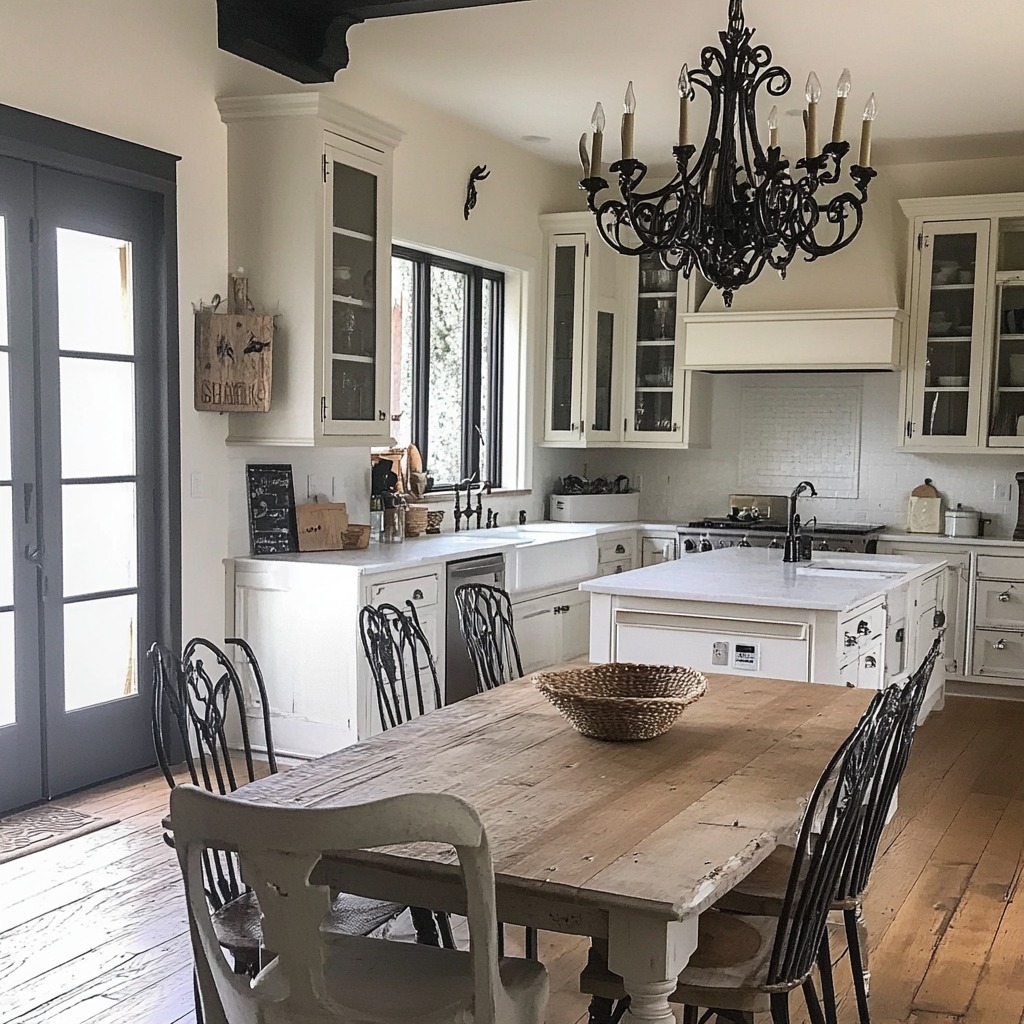 kitchen featuring a wrought iron chandelier over a rustic dining table.